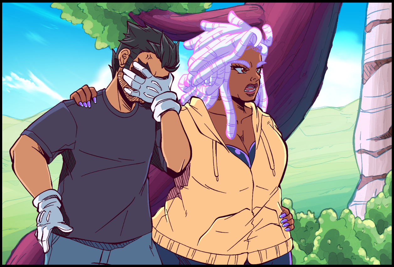 Ronan facepalming, Tarragon with one hand on Ronan's shoulder and one hand on her hip. Both are at the entrance of a forest set against green hills and blue skies.
