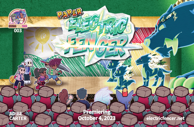 Cover of Electric Fencer Issue 3 featuring Elliott, Lee, Lance, and Magnus engaged in battle with several Distortion Beasts. The audience looking on consists of Renée, Ronan, Tarragon, and Jiro surrounded by numerous Silver Legion Hoods. Jiro is holding hashbrowns high above his head while the Hoods are holding rocks to throw at the heroes.